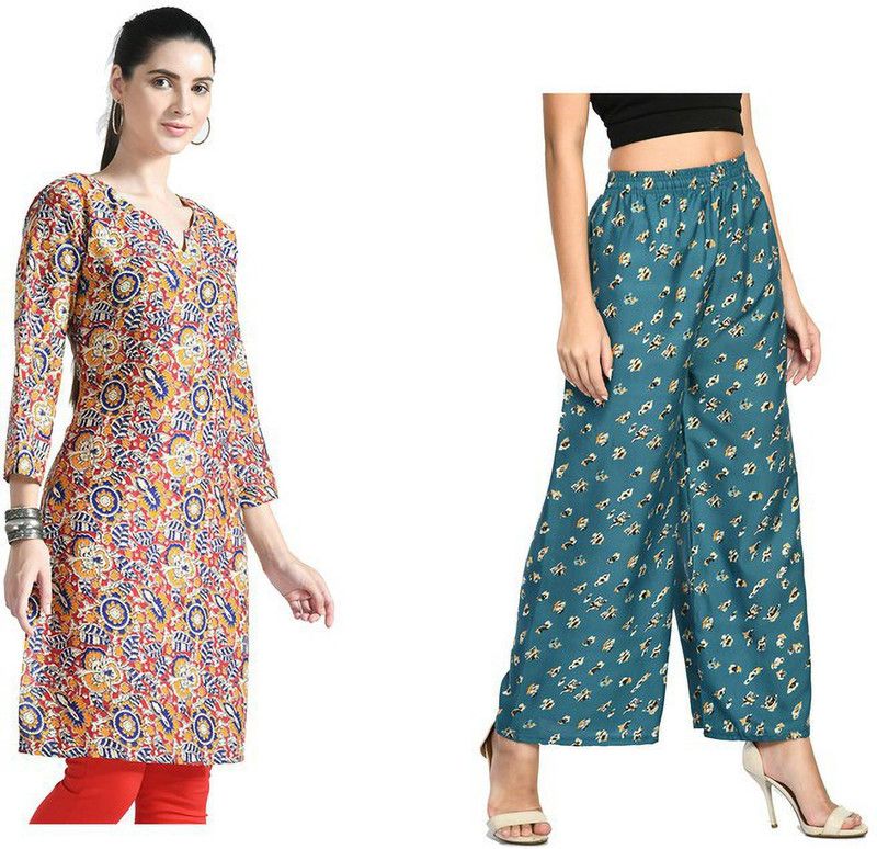 Pack of 2 Women Printed Crepe Flared Kurta  (Green, Pink)
