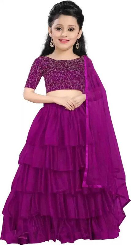Girls Lehenga Choli Ethnic Wear Self Design Lehenga, Choli and Dupatta Set  (Purple, Pack of 1)