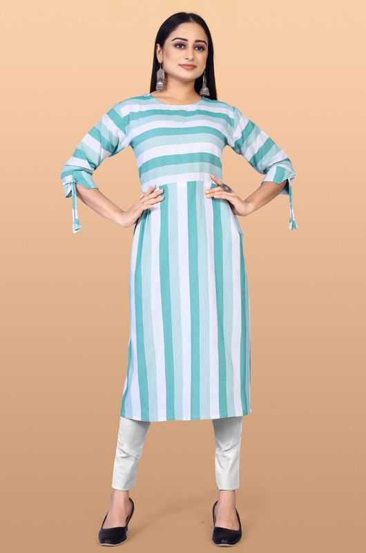 Women Striped Pure Cotton Flared Kurta  (Green)