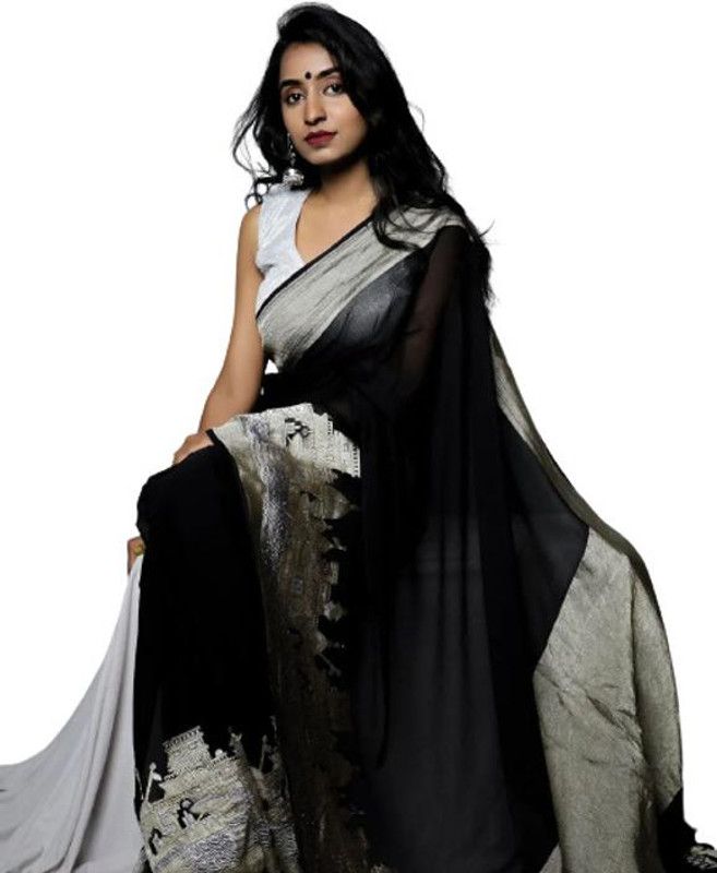 Graphic Print Bollywood Dupion Silk Saree  (Black)