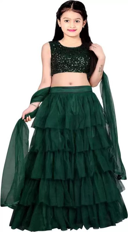 Girls Lehenga Choli Ethnic Wear Embellished Lehenga, Choli and Dupatta Set  (Dark Green, Pack of 1)