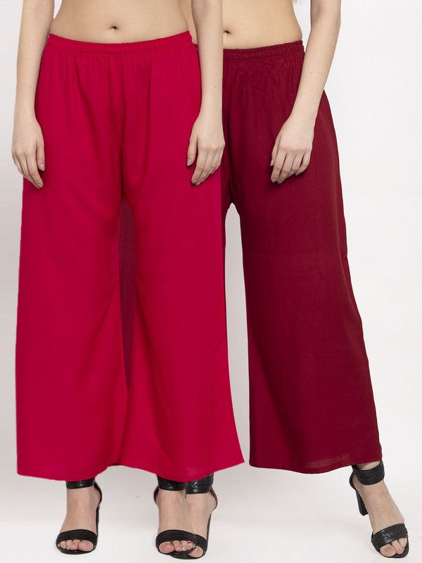 Pack of 2 Women Relaxed Red, Maroon Cotton Blend Trousers