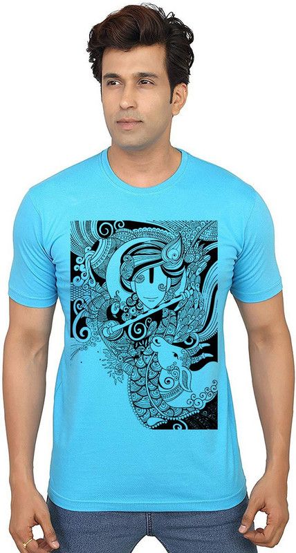 Krishna Kamadhenu Men Printed Round Neck Pure Cotton Light Blue T-Shirt