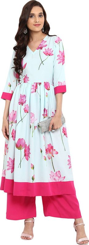 Women Floral Print Crepe Flared Kurta  (Light Green)