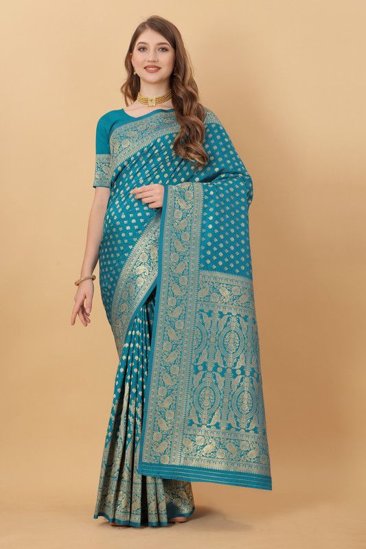 Printed, Paisley, Temple Border, Embellished, Woven, Floral Print, Checkered Banarasi Pure Silk, Art Silk Saree  (Light Blue)