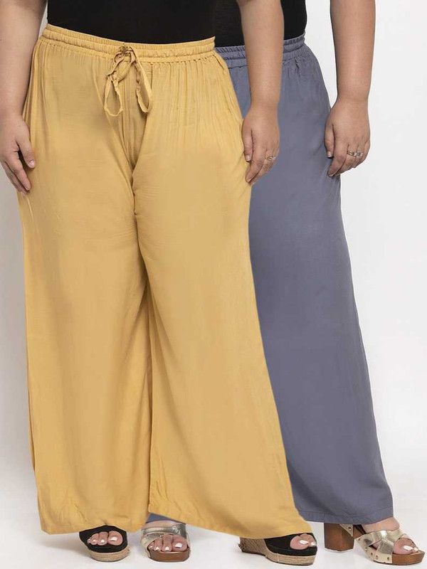 Pack of 2 Women Regular Fit Beige, Grey Viscose Rayon Trousers