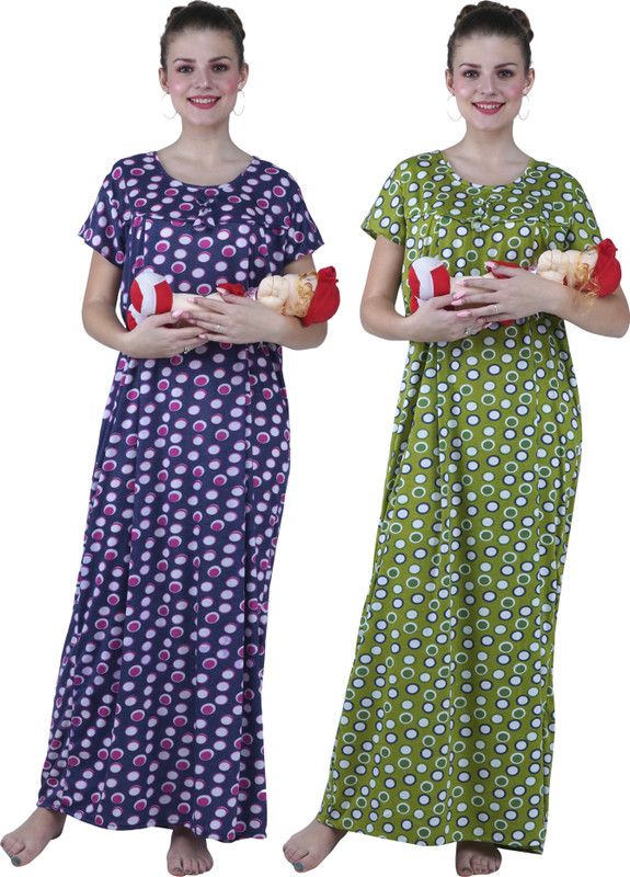 Pack of 2 Women Maternity/Nursing Nighty  (Light Green, Blue)