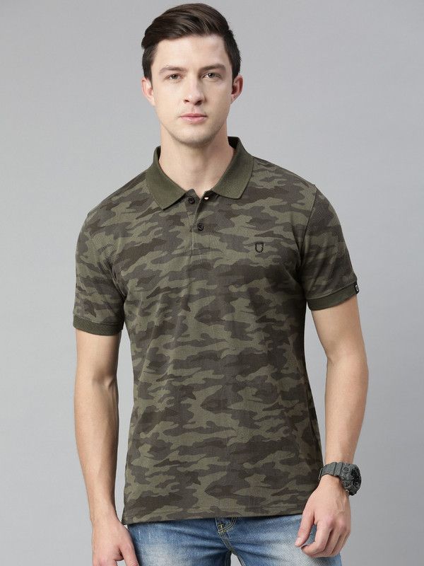 Men Printed Polo Neck Pure Cotton Dark Green, Green T-Shirt
