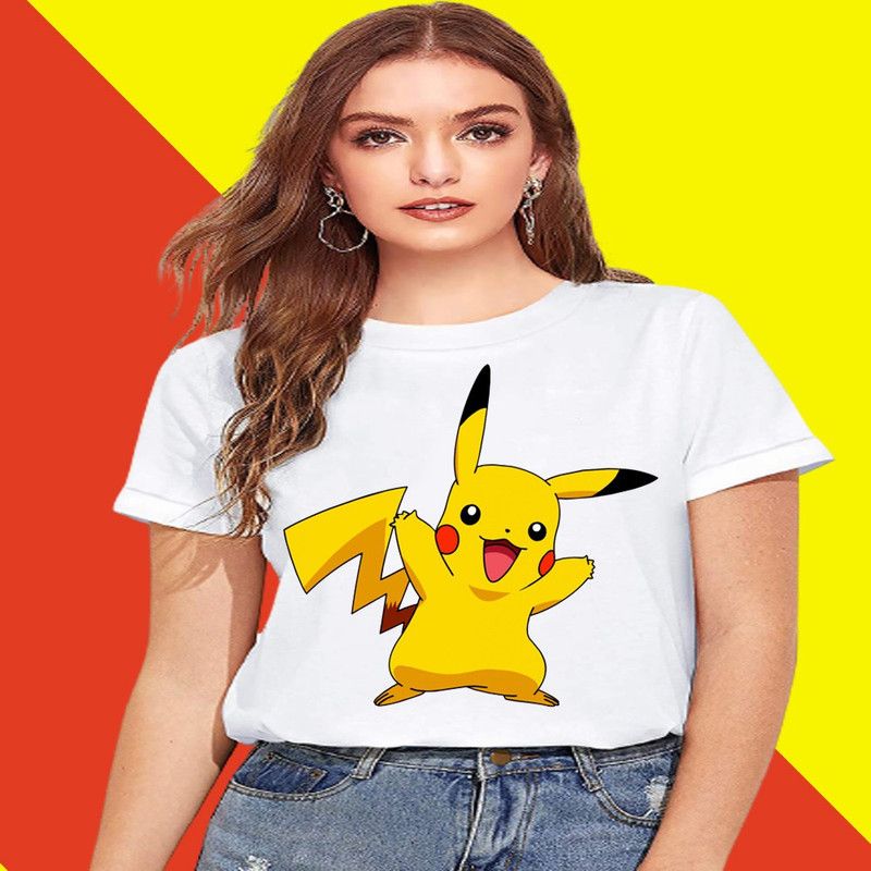 pikachu women t shirt Women Printed Round Neck Polyester White T-Shirt