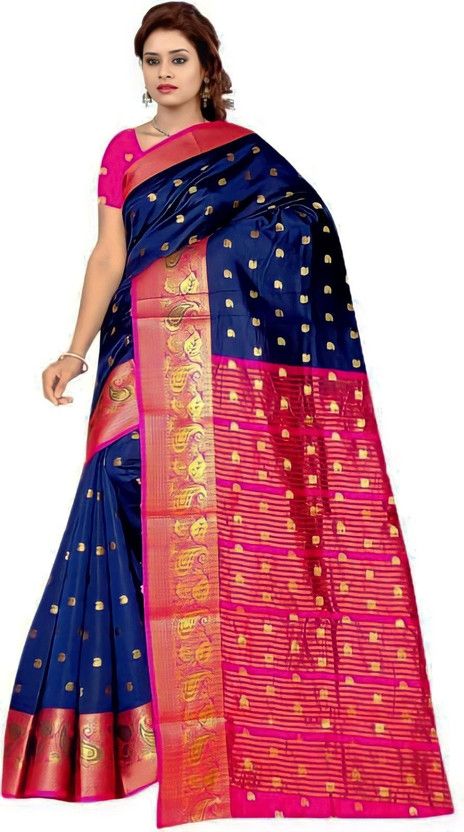 Printed Banarasi Cotton Silk Saree  (Dark Blue)
