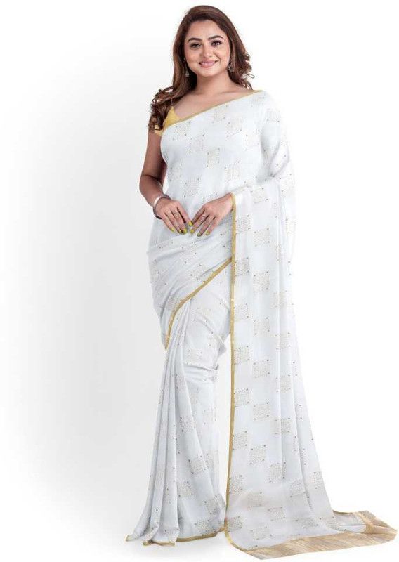 Printed Fashion Chiffon Saree  (White)
