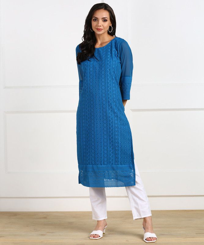 Girls Chikan Embroidery Kurta  (Blue)