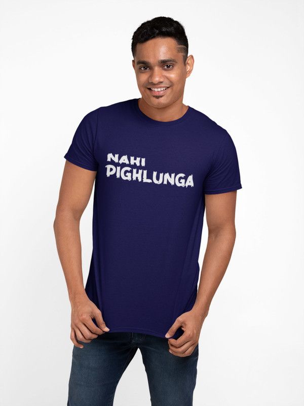 NAHI PIGHLUNGA PRINTED Men Typography Round Neck Cotton Blend Dark Blue T-Shirt