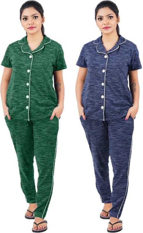 Women Self Design Green, Blue Top & Pyjama Set