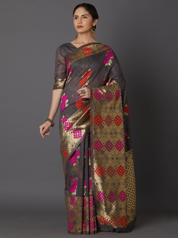 Printed Kanjivaram Cotton Blend Saree  (Grey)