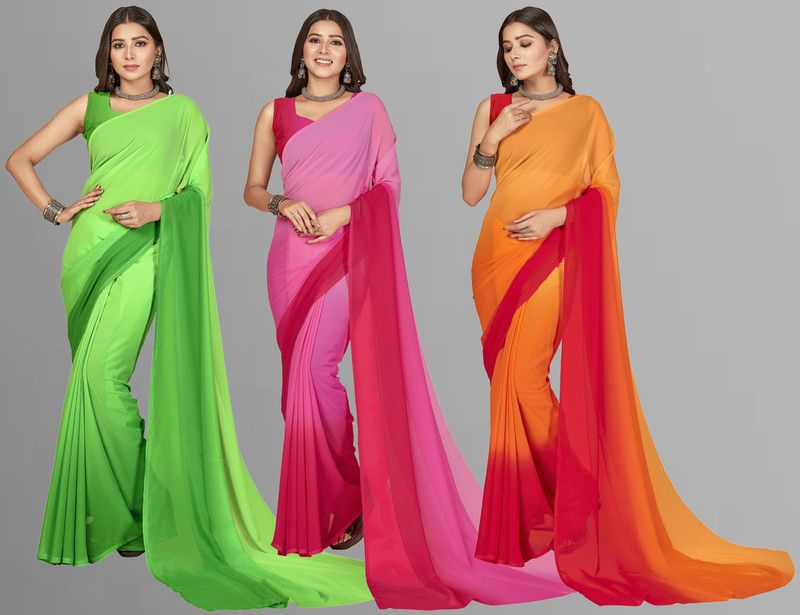 Ombre, Striped, Dyed, Solid/Plain Bollywood Georgette Saree  (Pack of 3, Multicolor)