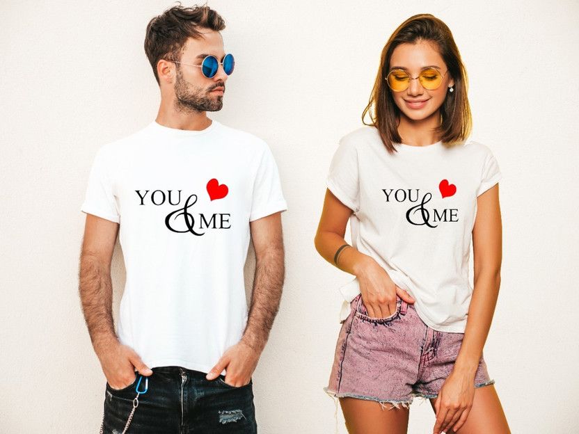Pack of 2 Couple Printed Round Neck Polyester White T-Shirt