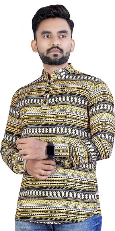 Men Geometric Print Cotton Blend Straight Kurta  (Yellow)
