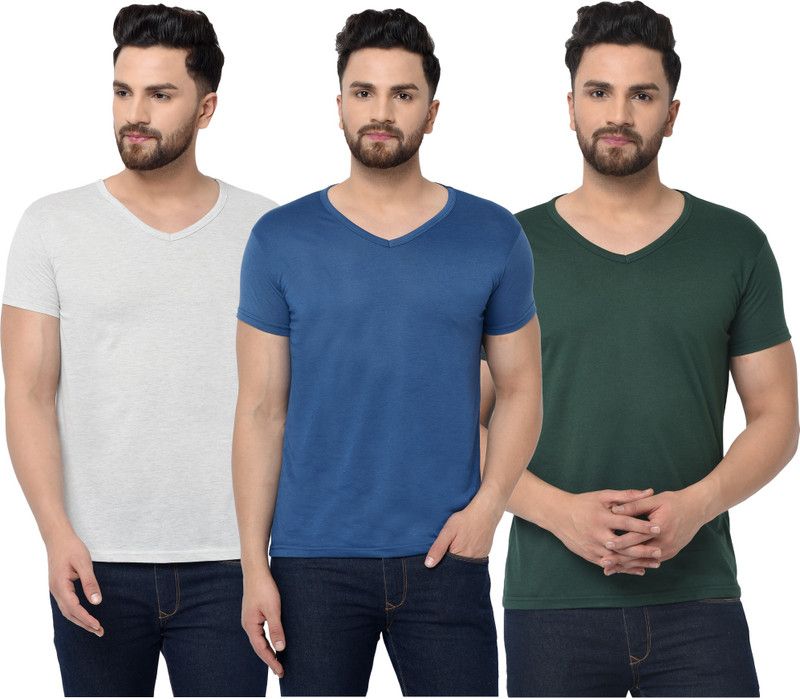 Pack of 3 Men Solid V Neck Cotton Blend Dark Blue, Dark Green, White T-Shirt