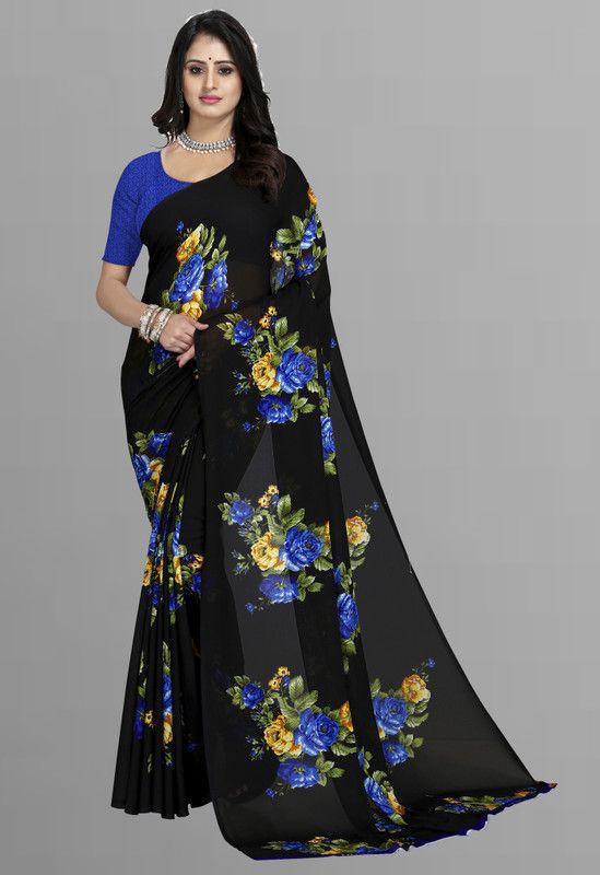 Daily Wear Georgette Saree  (Blue, Black)
