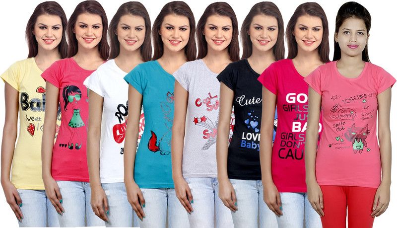 Pack of 8 Women Printed Round Neck Cotton Blend Multicolor T-Shirt