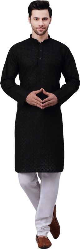 Men Chikan Embroidery Cotton Blend Straight Kurta  (Black)