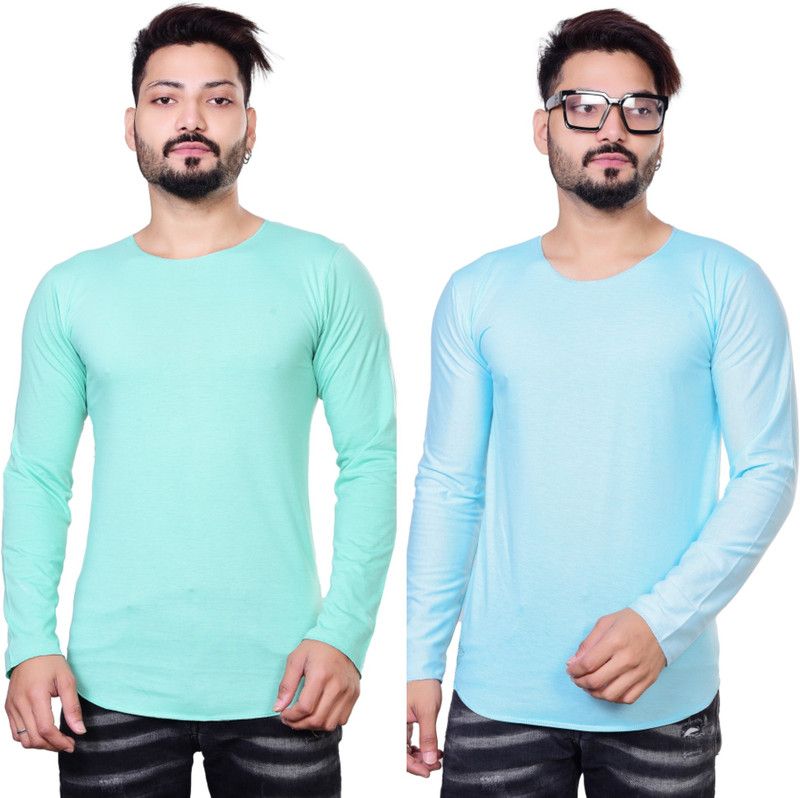Pack of 2 Men Solid Round Neck Cotton Blend Green T-Shirt
