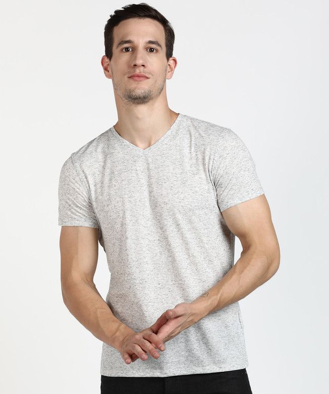 Men Self Design V Neck Cotton Blend Grey T-Shirt