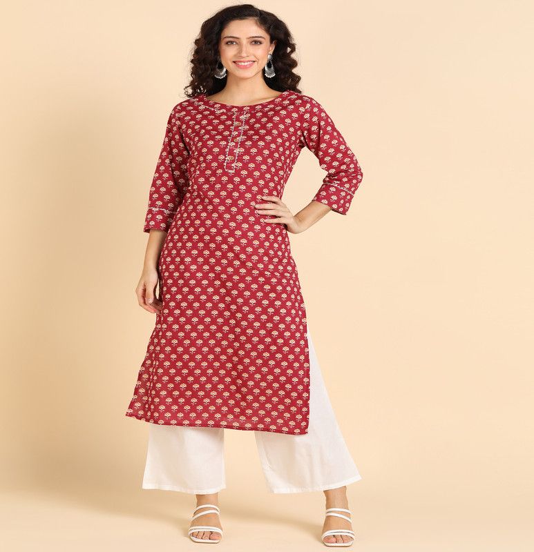 Women Printed Cotton Blend Straight Kurta  (White, Maroon)
