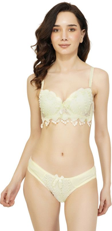 Bra & Panty Set Self Design Yellow Lingerie Set