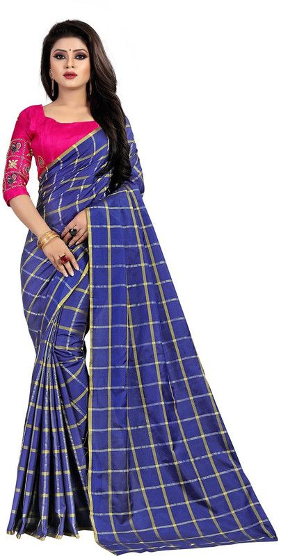 Checkered Bollywood Silk Blend Saree  (Dark Blue)