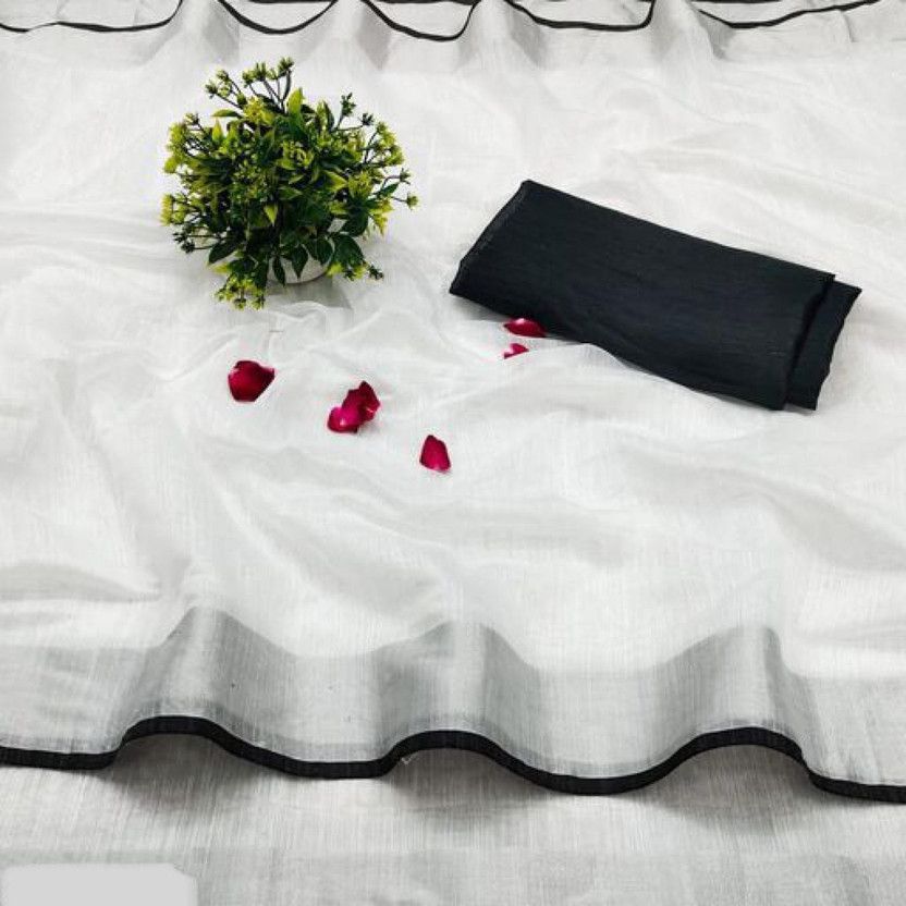 Self Design Bhagalpuri Cotton Linen Saree  (White, Black)