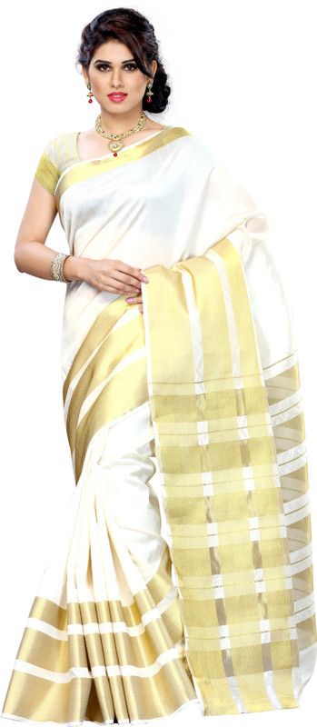 Solid/Plain Kanjivaram Silk Blend Saree  (White)
