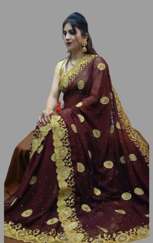 Embroidered Banarasi Georgette Saree  (Brown)