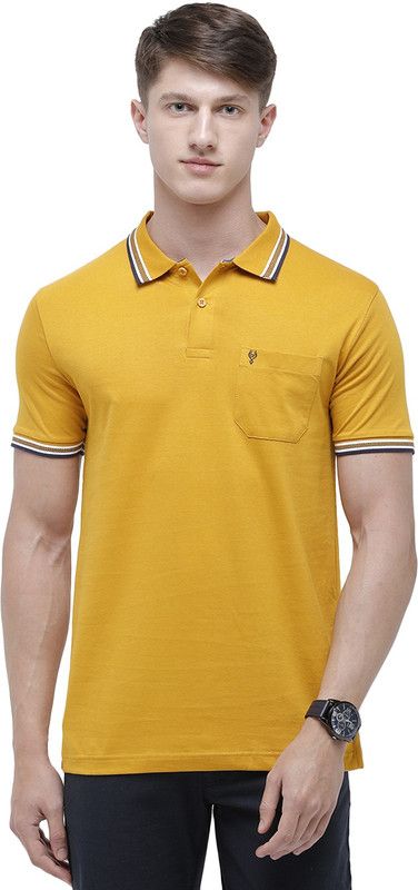 Men Solid Polo Neck Cotton Blend Gold T-Shirt