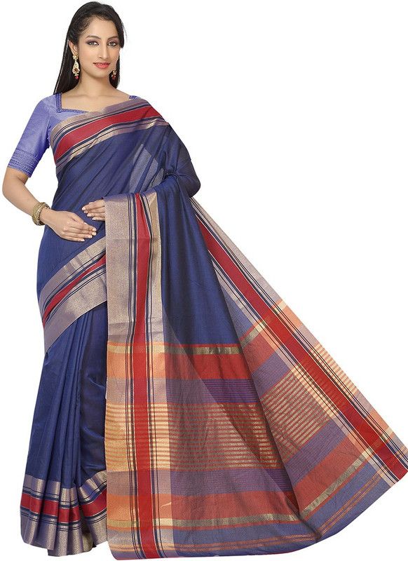 Solid/Plain Maheshwari Cotton Blend Saree  (Blue)