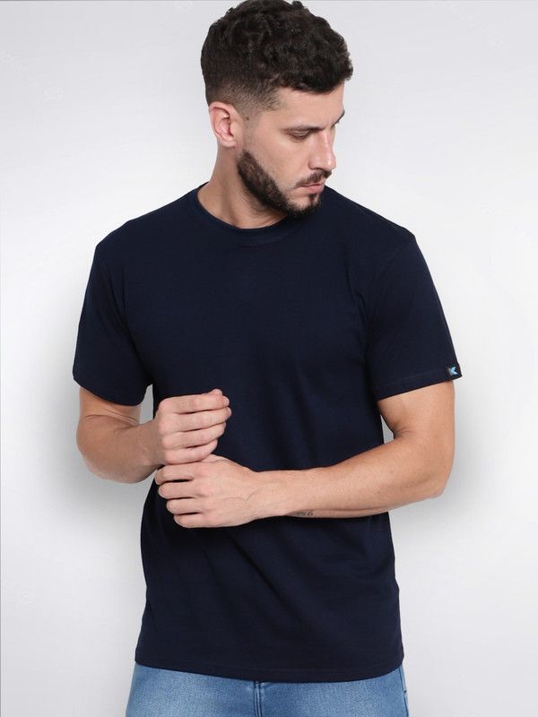 Navy Blue Round Neck T-Shirt Men Solid Round Neck Pure Cotton Navy Blue T-Shirt