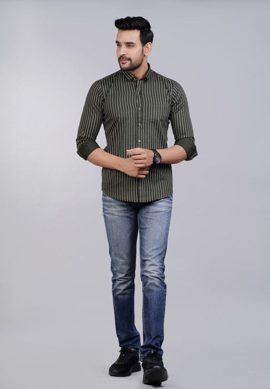 Men Striped Casual Dark Green Shirt
