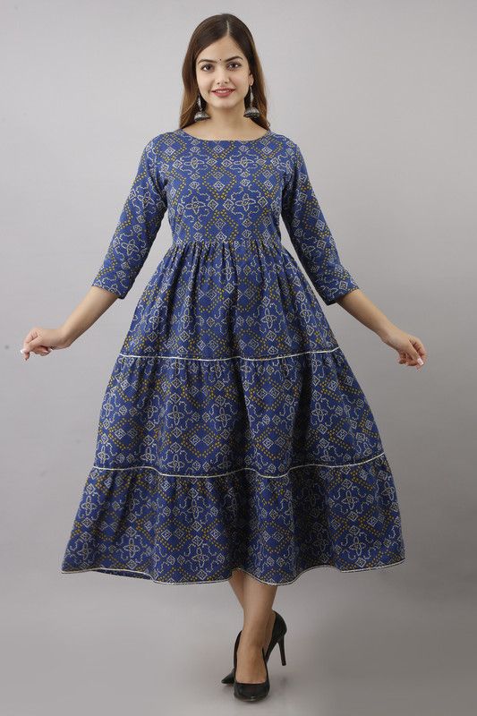 Women Printed Pure Cotton Flared Kurta  (Blue)