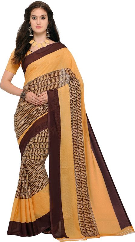Printed Bollywood Georgette Saree  (Brown, Yellow)