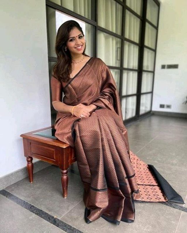 Woven Kanjivaram Jacquard, Pure Silk Saree  (Brown)