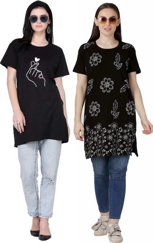 Pack of 2 Women Floral Print Round Neck Cotton Blend White, Black T-Shirt