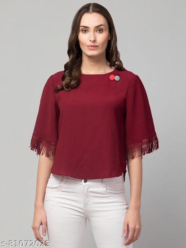 Casual Bell Sleeves Solid Women Maroon Top