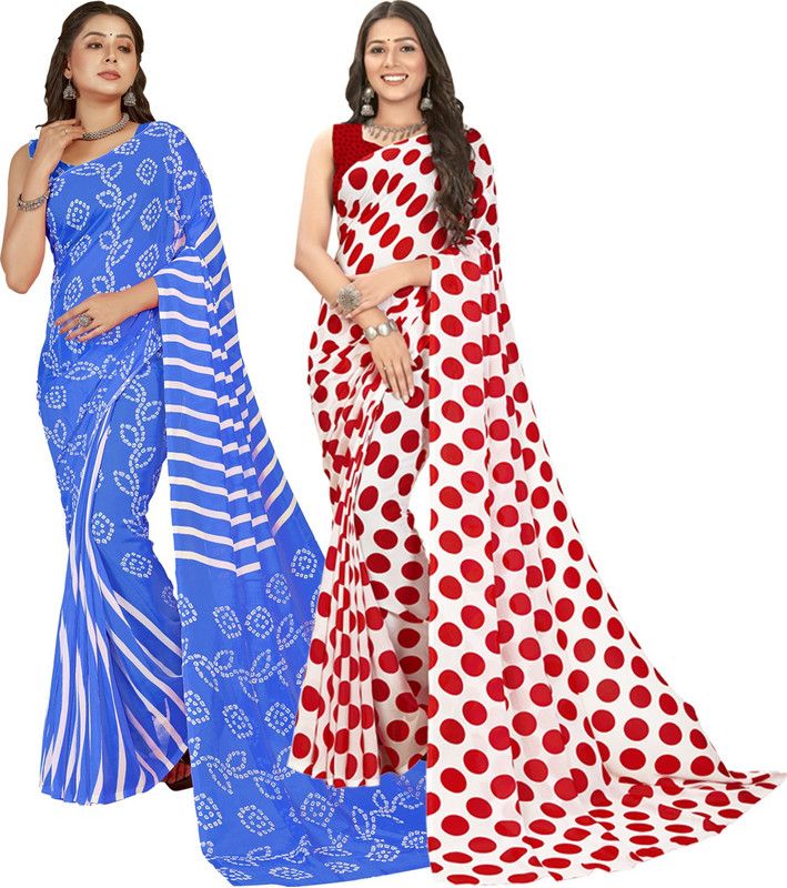 Polka Print Daily Wear Georgette Saree  (Pack of 2, Red, White)