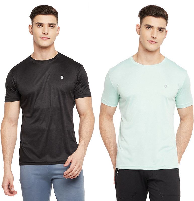 Pack of 2 Men Solid Round Neck Polyester Black, Light Green T-Shirt