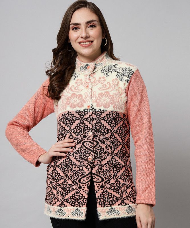 Women Printed High Neck Pink Sweater