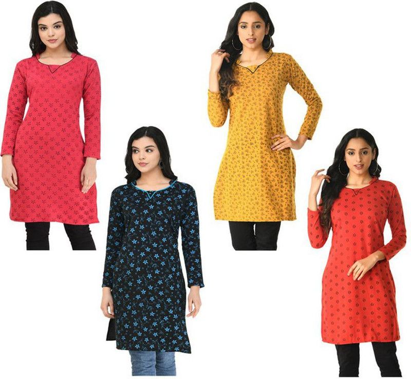 Pack of 4 Women Floral Print Wool A-line Kurta  (Red, Pink, Orange)