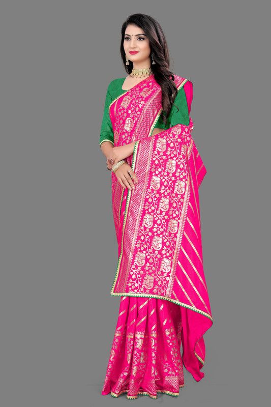 Animal Print Leheria Chiffon Saree  (Pink, Silver)