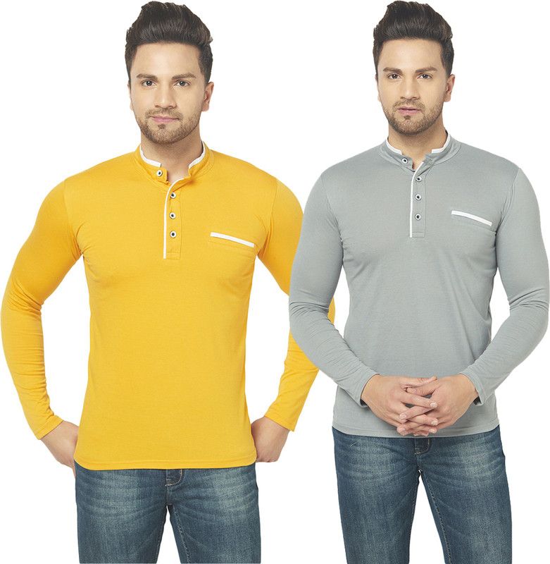 Pack of 2 Men Solid Henley Neck Cotton Blend Grey, Yellow T-Shirt
