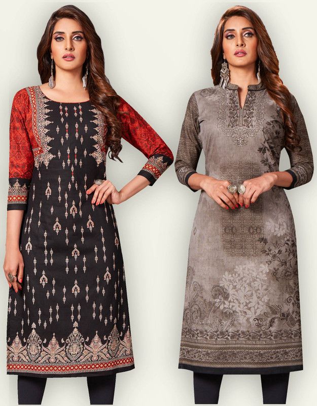 Pack of 2 Women Floral Print Pure Cotton Straight Kurta  (Black, Grey)
